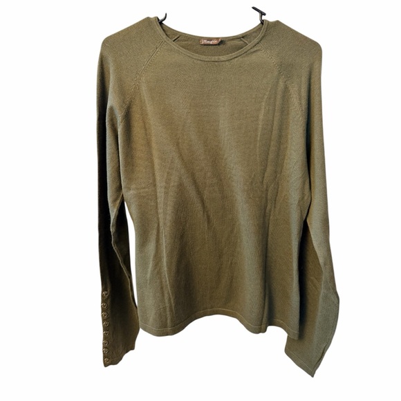 J McLaughlin Olive Green Crew Neck Sweater Gold Buttons on sleeves. Large. - Picture 7 of 9